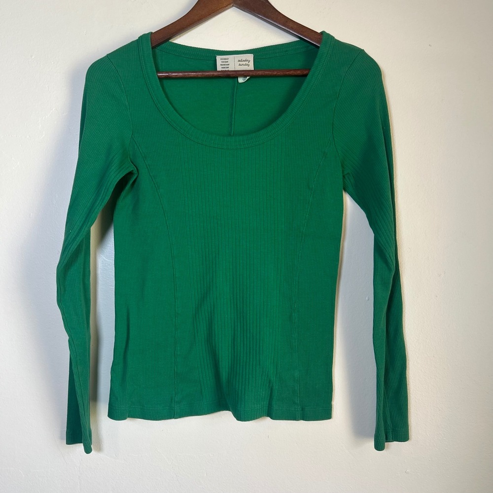 EUC Anthropologie Top Size S Green Ribbed Scoop Neck Long Sleeve
